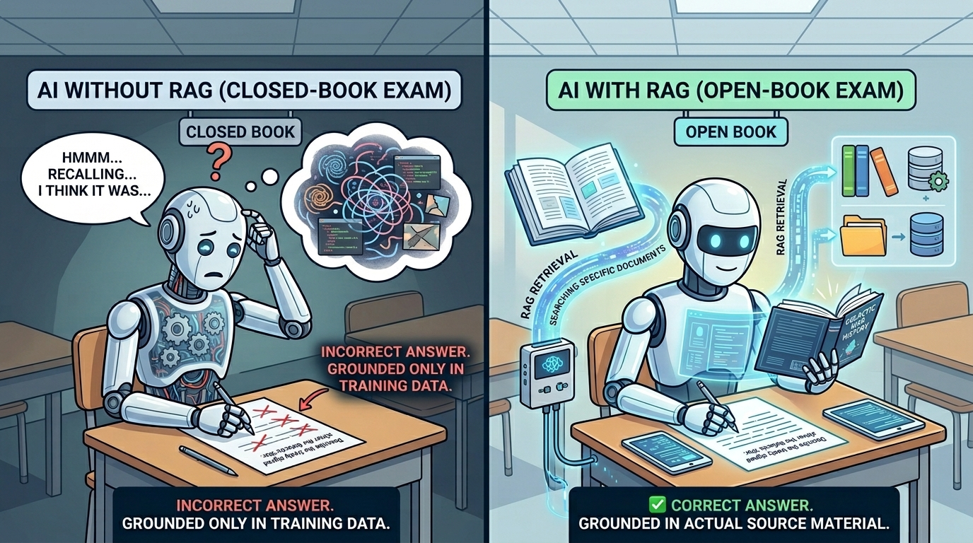 Side by side comparison: AI without RAG as a closed-book exam giving incorrect answers from memory, versus AI with RAG as an open-book exam retrieving correct answers from actual source documents